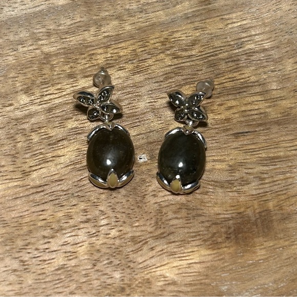 David Sigal Green Labradorite Flower Enamel 925 Sterling Silver Drop Earrings - Picture 2 of 15